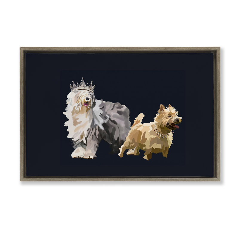 «Dog Duo with Crowns», toile flottante encadrée brune par Amelia Noyes, Cadre flottant orme Montalcino, H 21 po x l 31 po