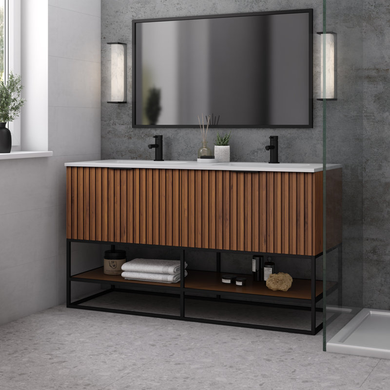 Terra 60'' W Double Vanity, Walnut, White Quartz/Single Faucet Mount, Matte Black