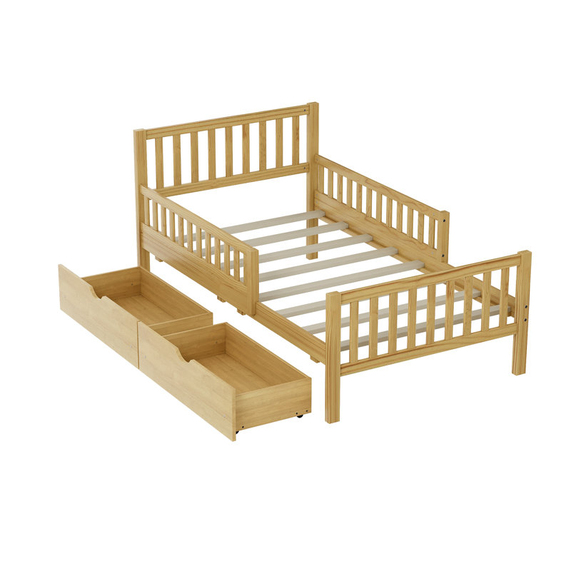 Wood Platform Bed With Guardrails On Both Sides And Two Storage Drawers, Twin