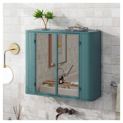 Armoire de salle de bain Farmhouse avec miroir, armoire de rangement murale vert armée avec 2 portes en miroir et tablette ouverte pour l'organisation du meuble-lavabo au-dessus de la toilette
