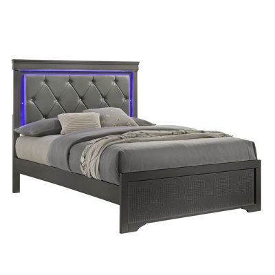 Lit tapissier gris métallique avec tête de lit à DEL, style simple moderne, cadre en bois pour lit de chambre à coucher, rembourré, gris, esthétique