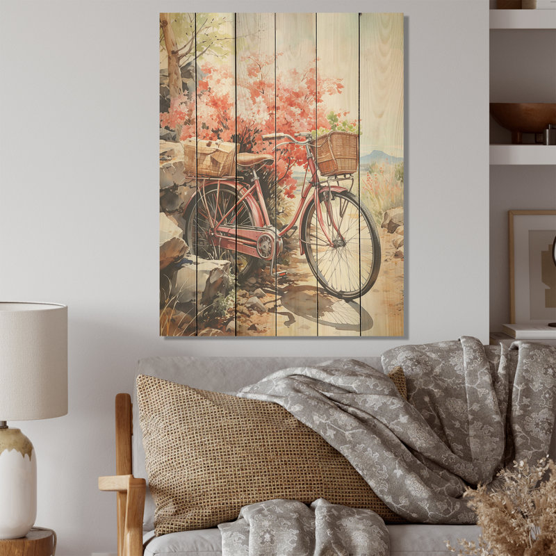Coral, bicyclette de croisière - art mural en bois de bicyclette sur bois de pin naturel, H 40 po x l 30 po