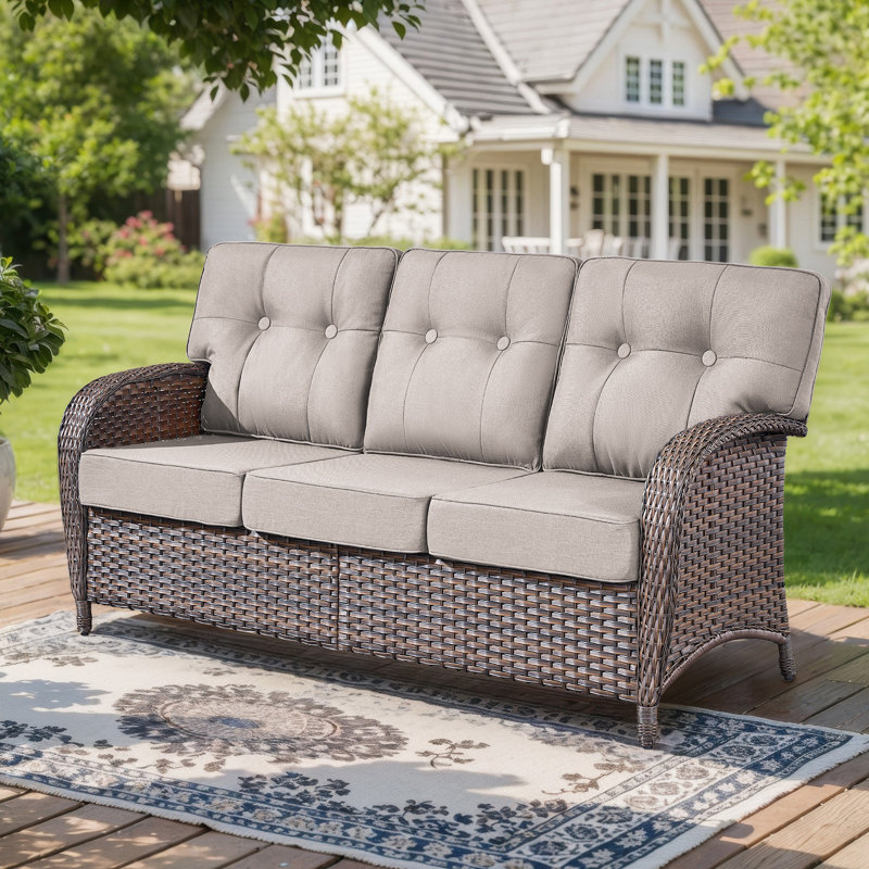 Fiorillo 3-Seat All-Weather PE Wicker Patio Sofa With 5" Thick Cushions, Beige