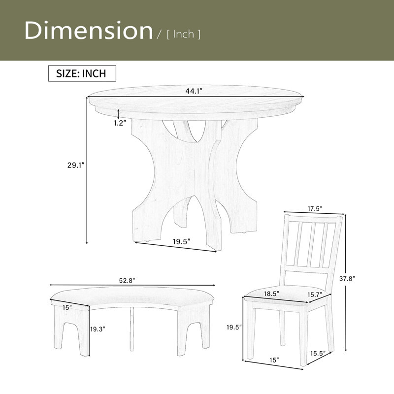 Ensemble de salle à manger 5 pièces avec 3 chaises rembourrées et un banc incurvé, Gris, Gris, Gris