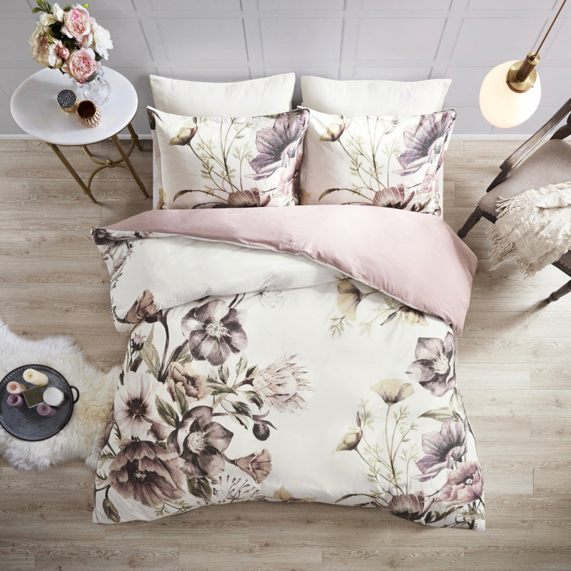 Housse de couette pour lit double / grand lit, imprimé coton, décor floral, 1 et 2 taies décoratives, fermeture à boutons, attaches de coin, grand motif imprimé,