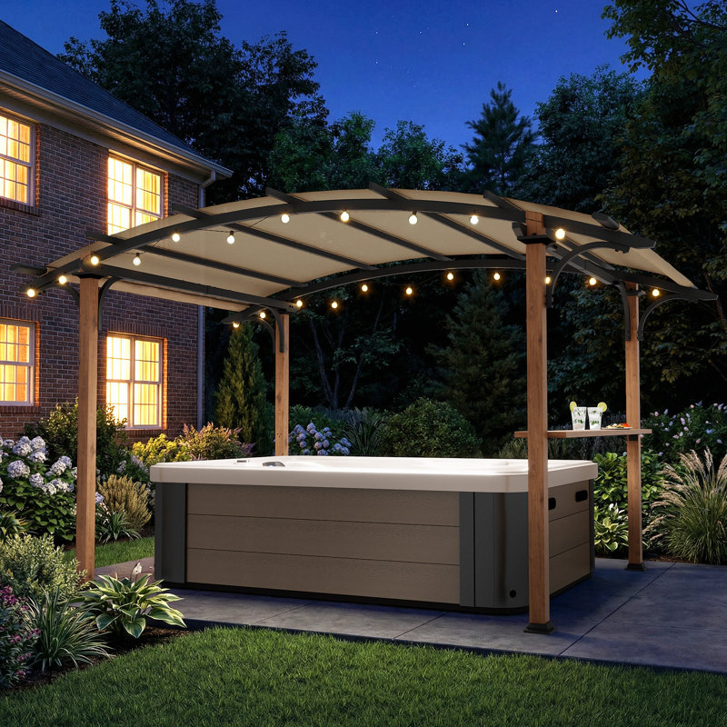 8.5 x 13 ft Heavy-Duty Outdoor Pergola with Bar Counter & Shelves, Arched PVC-coated polyester Canopy, Wood-Grain Steel Posts for Patio & Backyard
