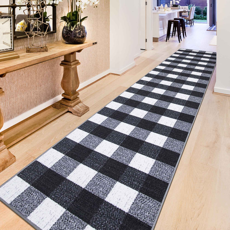Black and White Checkered Synthetic Runner Rug 2'7" x 9'10"