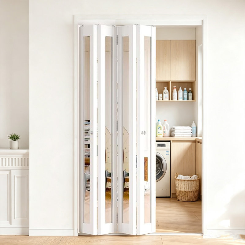 Porte CHIC MODE 48 po x 80 po, blanche, entièrement vitrée, miroir, porte pliante en MDF massif avec quincaillerie