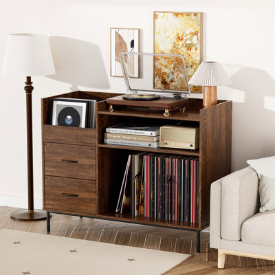 Support pour tourne-disque avec tablettes réglables, peut contenir plus de 350 vinyles, console multimédia avec tablette de haut-parleur et 2 tiroirs, meuble télé à plateau tournant de 27,6 po pour le salon, la chambre à coucher, certains assemblages requis