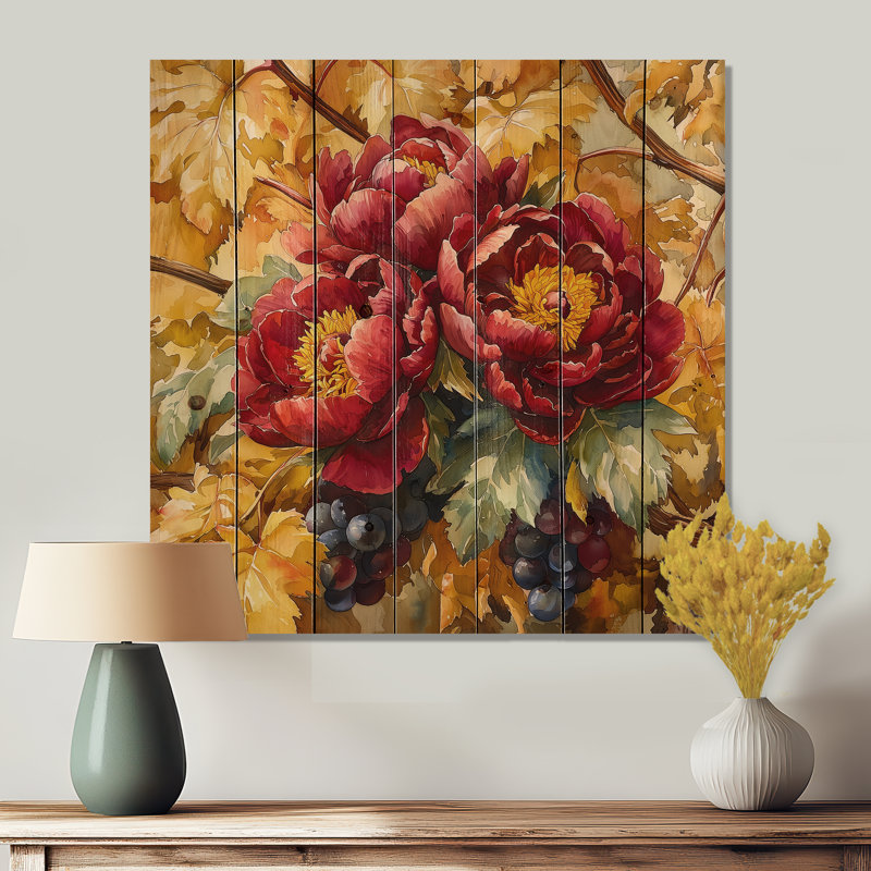 Pivoines et vigne d'automne II - impression de bois de pivoines - sur bois de pin naturel, H 36 po x l 36 po x P 0,78 po