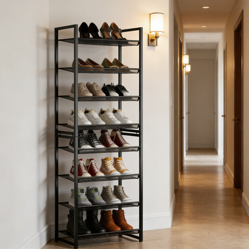 Range-chaussures en métal à 8 niveaux avec tablettes réglables, conception empilable pour le rangement dans le vestibule, le placard ou le salon, pouvant contenir 16 à 20 paires de chaussures