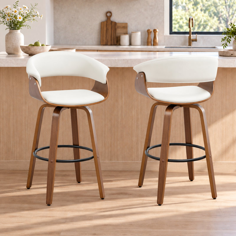 Tabourets pivotants Mid-Century rembourrés en similicuir Devlin, Blanc, Tabouret de bar (siège d'une hauteur de 29,5 po)