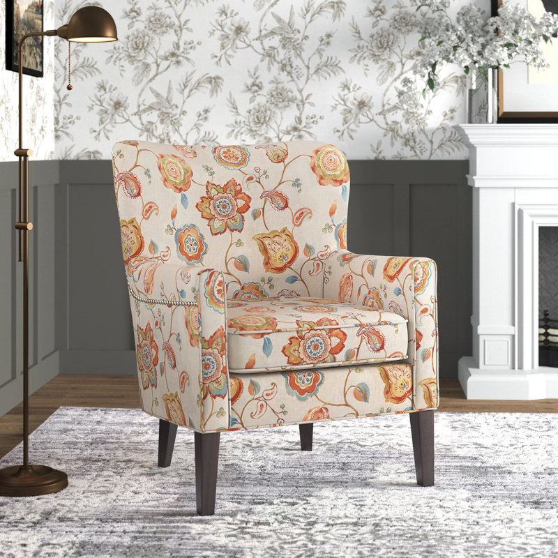 Colette Cream Nailhead 30" W Upholstered Armchair with Wingback, Cream