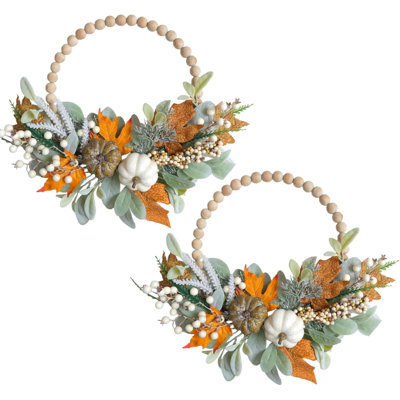 Couronne de perles de bois, couronne d'automne pour porte d'entrée, baies d'eucalyptus, citrouilles, oreilles d'agneau et feuilles, décoration d'automne pour porte d'entrée, mur de porche, décoration extérieure pour les fêtes