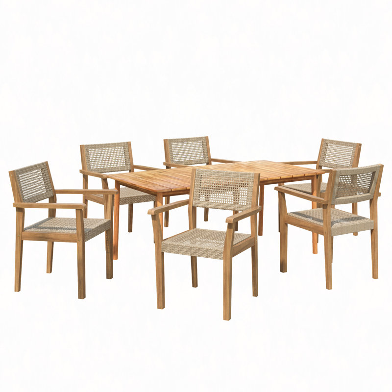Ensemble de salle à manger d'extérieur en bois d'acacia 7 pièces, 6 chaises en faux osier, 1 table de salle à manger