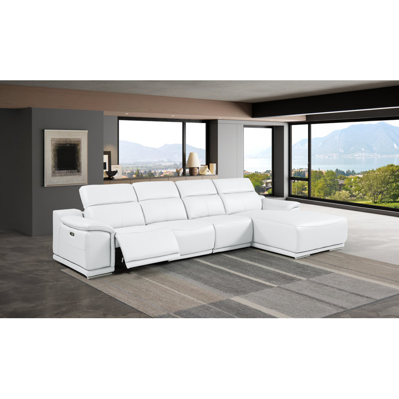 Canapé modulaire blanc en L en cuir véritable 4 pièces faisant face à droite avec 1 fauteuil inclinable électrique et appuis-tête réglables