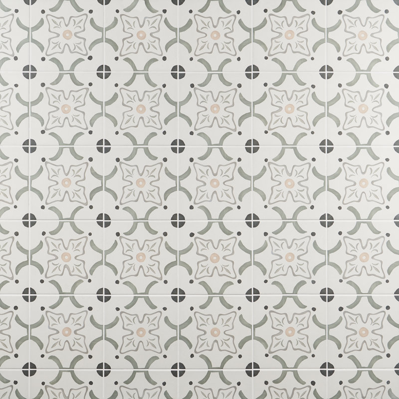 Plumeria 8.77" x 8.77" Matte Porcelain Tile, Flora Green/Gray