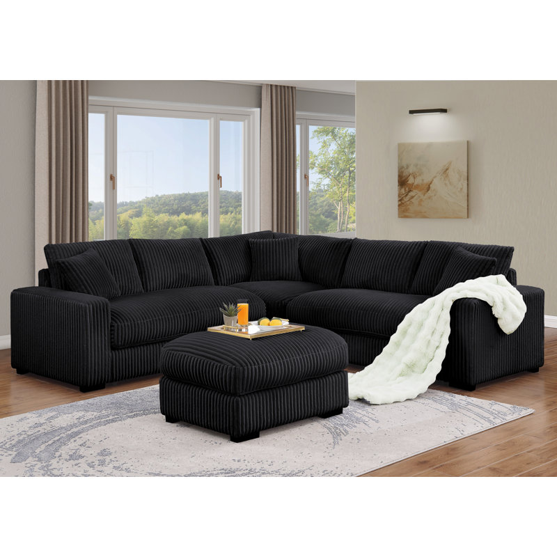 Latitude Run Shariff 4 - Piece 99'' Modular Oversized Reversible Corner Sectional, Black Corduroy