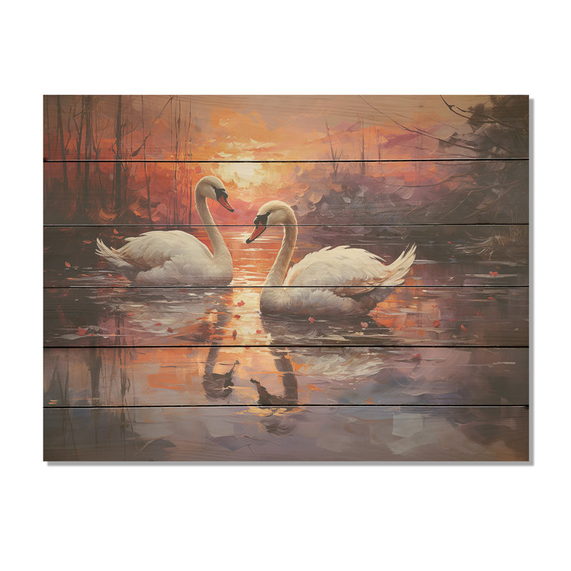 Swan Lake Twilight - cygnes, art sur bois de pin naturel, H 10 po x l 20 po
