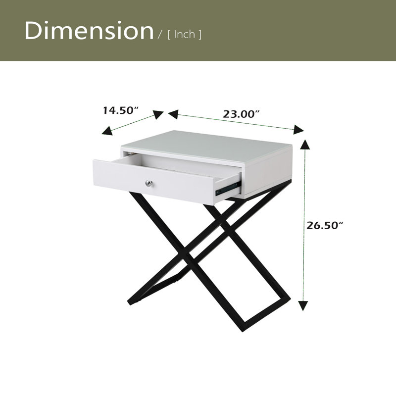 Table de chevet 23 po en bois avec plateau en verre, tiroir et base en métal, Blanc