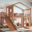 Lit mezzanine simple en bois massif avec glissoire, étagères et garde-robe intégrée-131665672-131665671