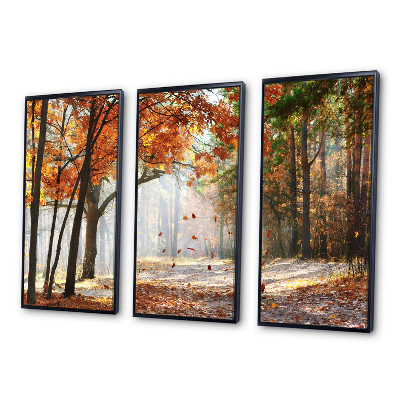 «Red Autumn Trees in the Af après-midi», reproduction sur toile flottante 3 pièces, Cadre noir, H 28 po x l 36 po