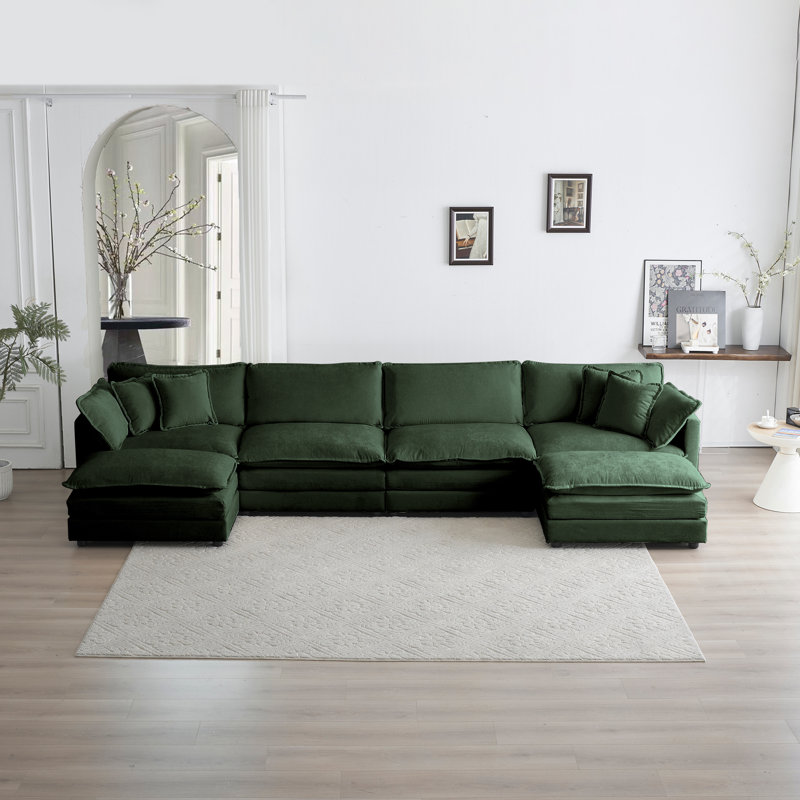 Modular Large U-Shape Sectional Sofa,Double Extra Ottomans, Green Chenille