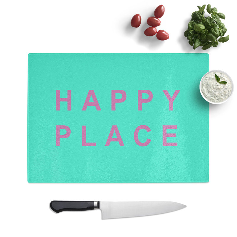 Happy Place Teal Typography Chopping Board, 0.4cm H x 28.5cm W x 39cm L