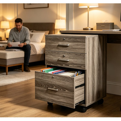 Classeur mobile à 3 tiroirs verrouillables, meuble de rangement de bureau à roulettes aspect bois pour bureau à domicile