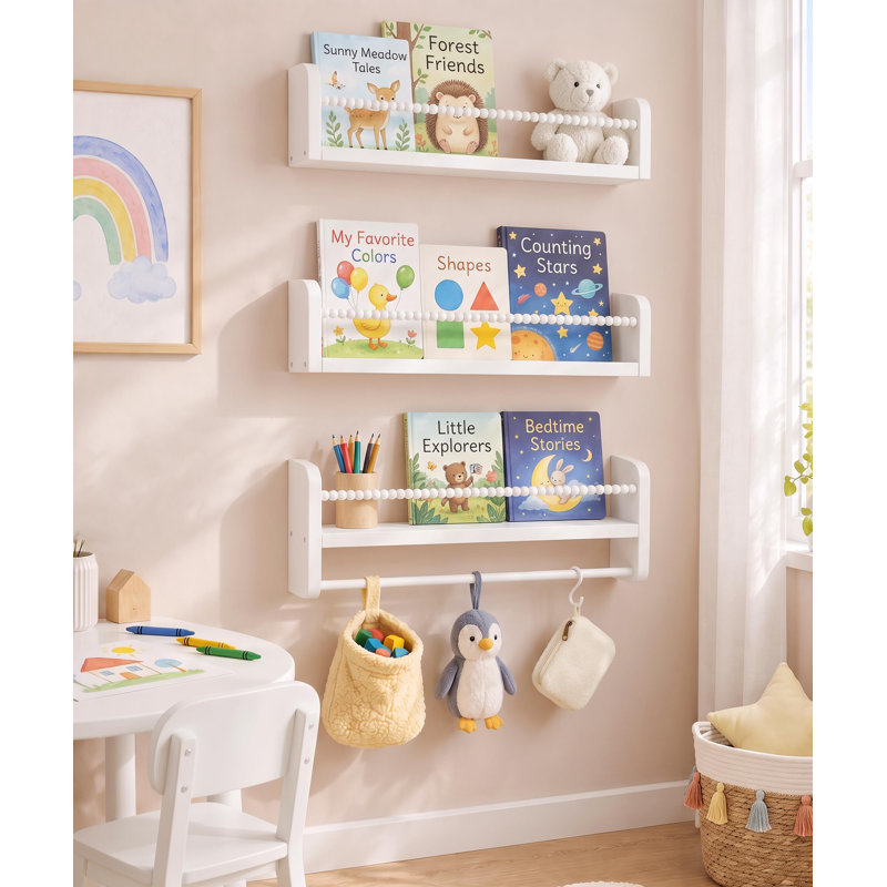 Ensemble de 3 tablettes flottantes blanches de 40 cm (15,8 po) pour chambre d'enfant, étagère murale en pin massif avec traverses avant en moulures de bois