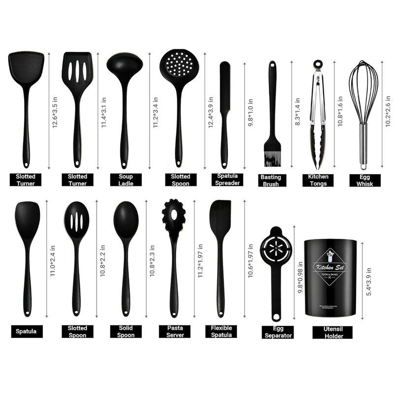 Ensemble de 15 ustensiles de cuisine en silicone, noir.
