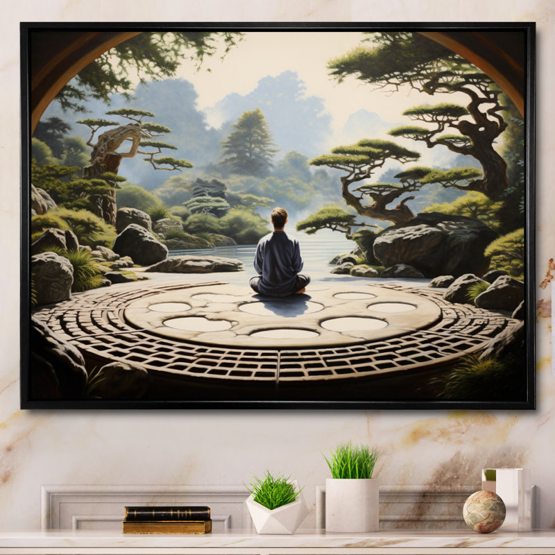 «Green Meditation Zen Garden I», reproduction sur toile, Cadre flottant noir, H 12 po x l 20 po x P 1 po