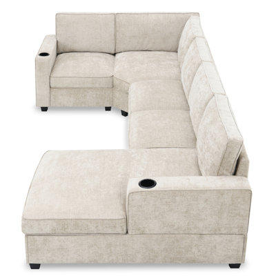 117.5" U-Shaped Sectional Sofa, 6 Seat Chenille Corner Couch Set with Cup Holders, Oversized Chaise Lounge, Irregular Corner, Deep and Wide Seat, Comfy Sofa for Living Room&Apartment