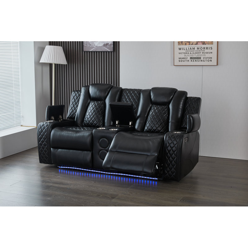 Causeuse inclinable électrique moderne en similicuir avec haut-parleurs Bluetooth, console de rangement, chargement sans fil, ports USB-C / USB et éclairage DEL