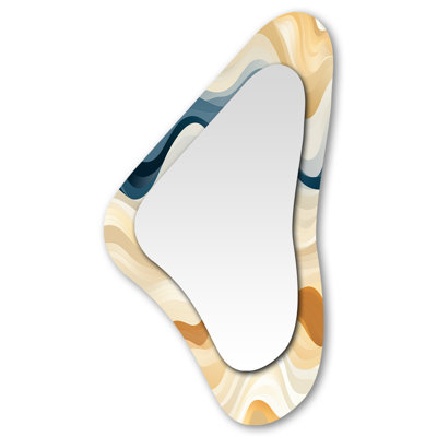 Blue And Yellow Geometric Ripples Patterns - Coastal Unique Shape Decorative Wall Mirror, Blue Asymmetrical Mirror, Printed Metal Art