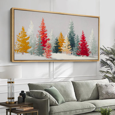 Christmas Holiday Celebration Colorful Snowy Pine Forest Artwork Extra Large Pictures Framed Canvas Print Wall Art