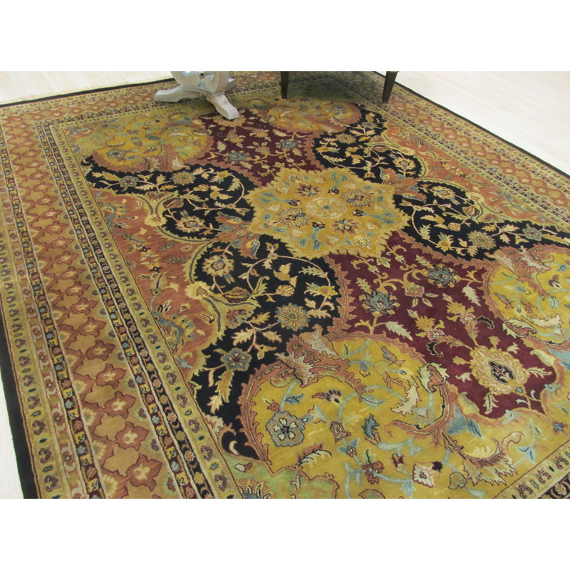 Stylish and Durable Hand Knotted Wool Meridian Design Oriental Indoor Black Area Rugs, Rectangle 6' x 9'