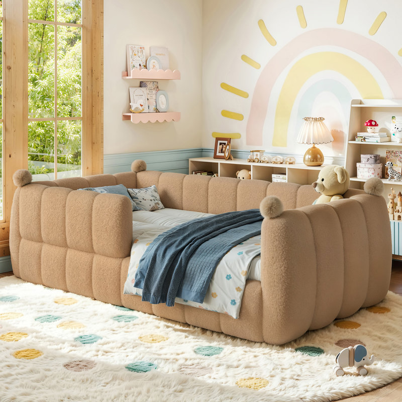 Lit de sol doux rembourré avec rails de sécurité Montessori, Naturel
