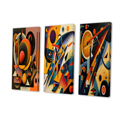 Multicolor Geometric Orange Shapes I - Modern Geometric Art Set of 3 Pieces