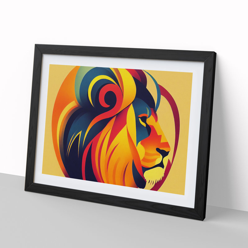 Lion Deco Style Abstract - Single Picture Frame Print, 46cm H x 64cm W x 2cm D, Black