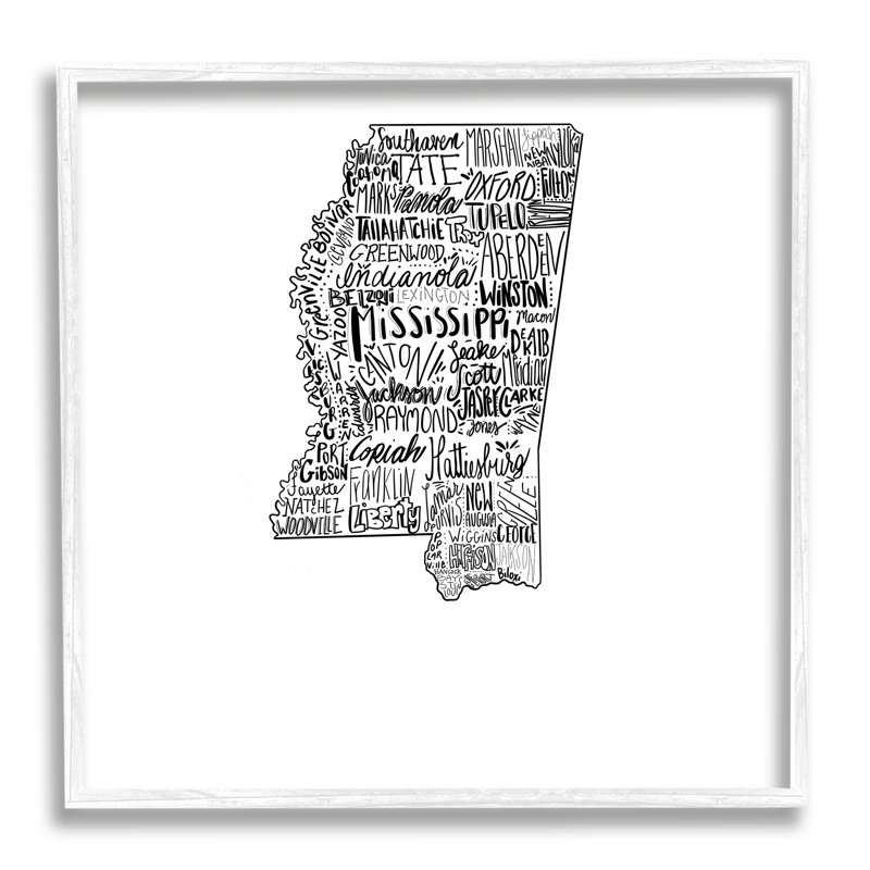 État du Mississippi, typographie cmw-055, Estampe numérique encadrée blanc bord de mer, H 12 po x l 12 po, Oui