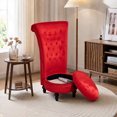 Fauteuil d'appoint capitonné à dossier haut avec pouf de rangement, fauteuil sans accoudoirs en velours avec garniture cloutée, fauteuil vintage une place pour salon, chambre ou entrée (rouge)