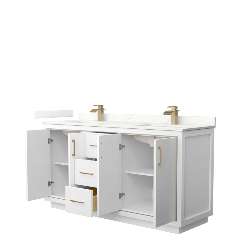 Meuble-lavabo double autoportant 66 po avec plateau en quartz 66 po, Quartz Giotto, Blanc, Bronze satiné