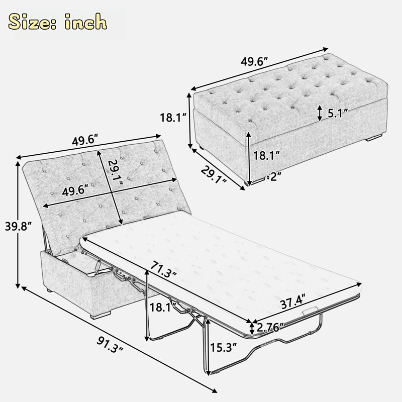 Convertible Ottoman With A Folding Sofa Bed, Metal Frame, Memory Mattress And Tufted Design, Grey