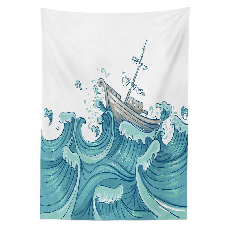 Nautical Tablecloth, Ship Being Tossed By Giant Ocean Waves Aquatic Old Vessel Sea Journey Illustration, Rectangular Table Cover For Dining Room Kitchen Decor, 52" X 70", Aqua Taupe