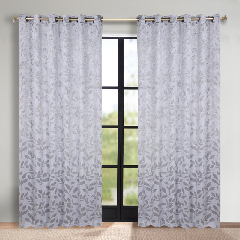 Finklea 100% Polyester Floral Room Darkening Grommet Curtain Panels, 52" W x 120" L, Silver/Silver