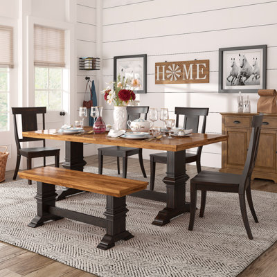 Verlin 78" Solid Wood Oak Finish Top Dining Set With Panel Back Chairs - 7-Piece, Antique Black Base Table, Chairs And Bench