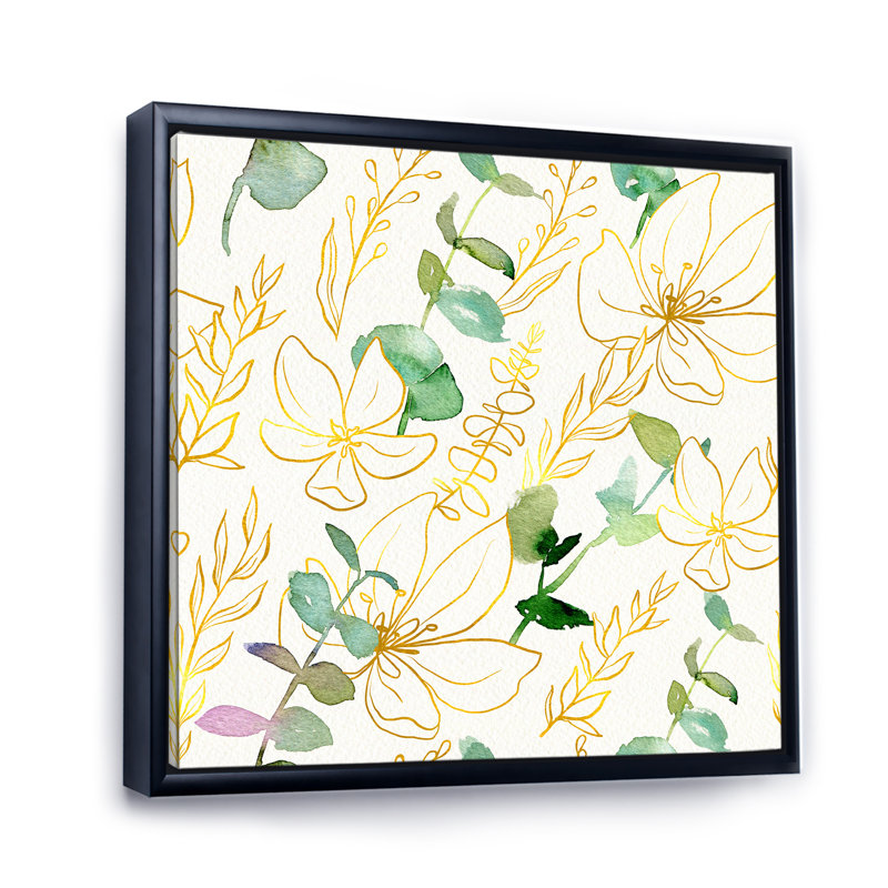 Branches d'eucalyptus jaunes et vertes - Peinture sur toile, H 30 po x l 30 po x P 1 po, Cadre flottant noir
