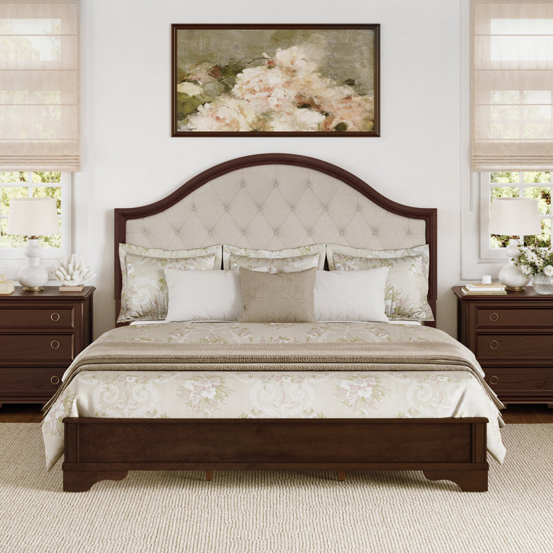Antoro Upholstered Solid Wood Platform Bed, Dark Walnut, King