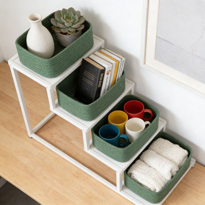 4 Pack Woven Storage Baskets, Decorative Closet Organizer Bins For Shelves, Nursery, Towels & Toys, Mini Handwoven Cotton Rope Basket Set For Home Organization